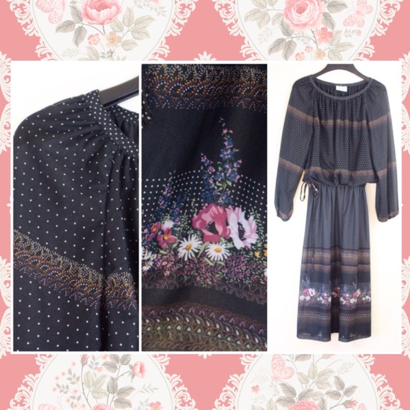 Vintage Dresses & Skirts - Vintage Debbi Bee Blouson Dot Floral Dress 70s M/L